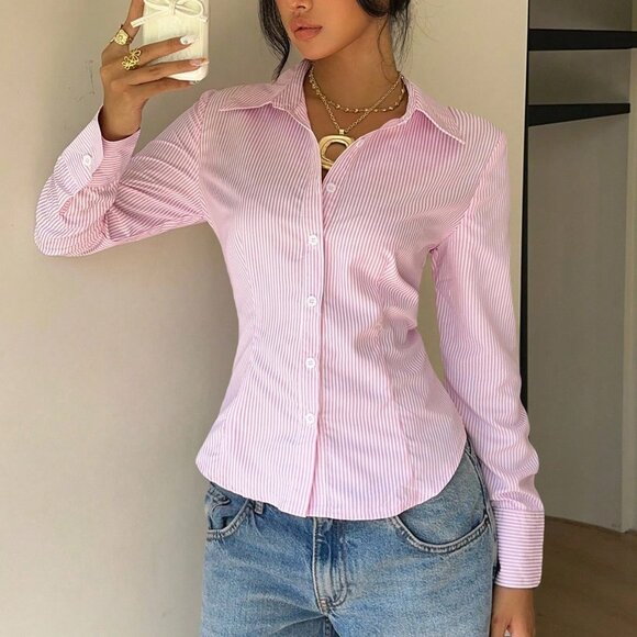 Pink Casual Women's Striped Tie-Waist Slim Fit Long Sleeve Shirt - Picture 6 of 6
